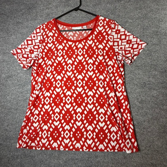 Susan Graver Tops - Susan Graver Red White Geometric Ikat Diamond Liquid Knit Scoop Neck Top Medium